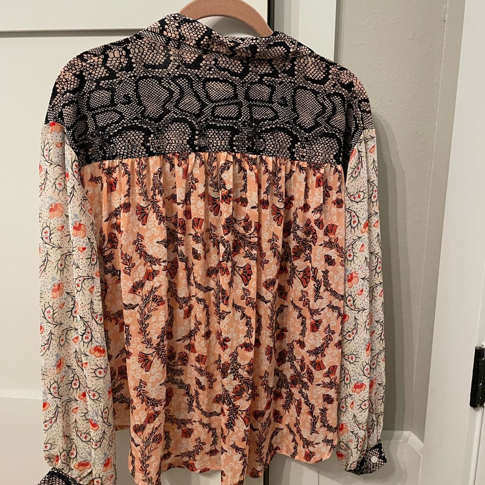 Free People Black and Pink Multi-Patterned Long Sleeve Button Down Blouse - Picture 2 of 8